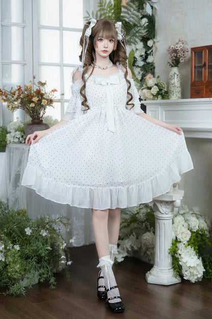 Ivory Off-Shoulder Polka Dot Ruffled Bow Lace Palace Dress