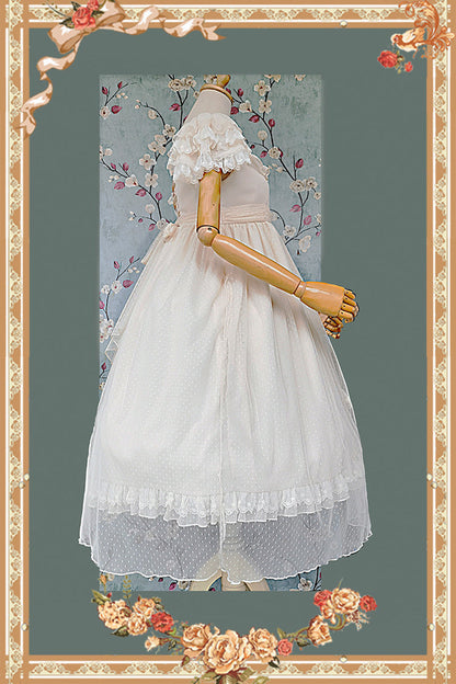 Apricot Polka Dot Asymmetric Ruffle Bow Lolita Dress - Moon goddess *Mediana*