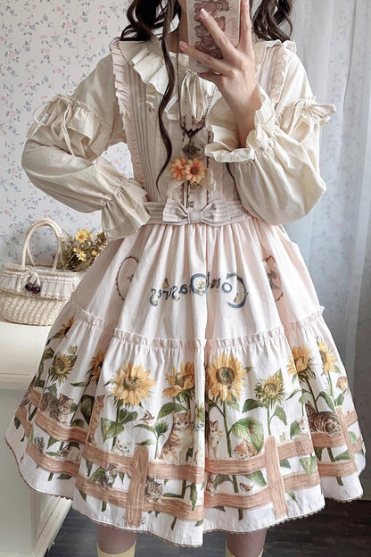 Sunflower-Print Bow-Adorned Sweet Lolita JSK Dress in Two Tones