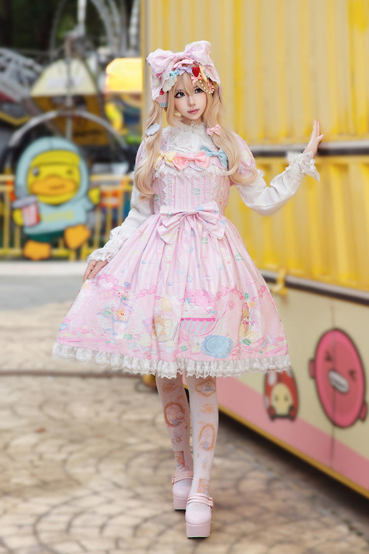 Rose Square Collar Short Puff Sleeve Bow Print Sweet Lolita Gown - Macarons Dolly House