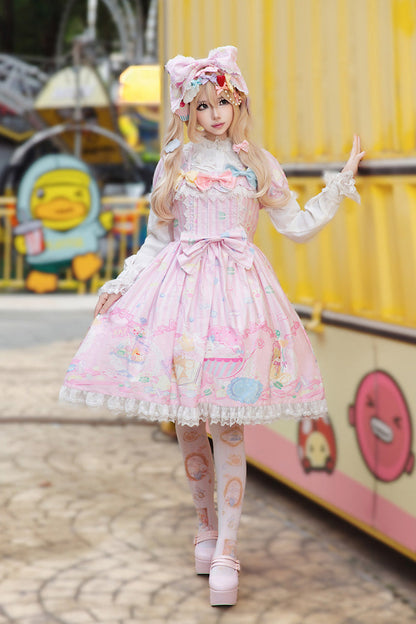 Rose Square Collar Short Puff Sleeve Bow Print Sweet Lolita Gown - Macarons Dolly House