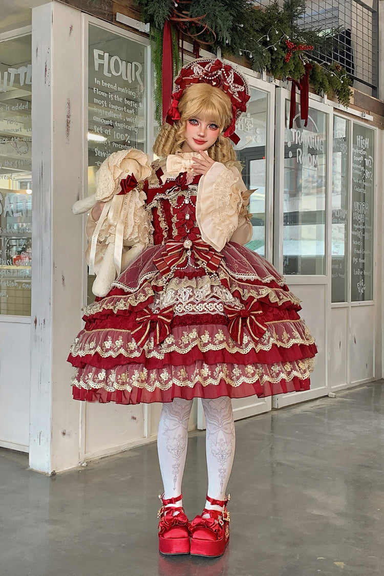 Ruby Gemstone Triple-Layered Bow Lace JSK Dress for Elegant Lolita