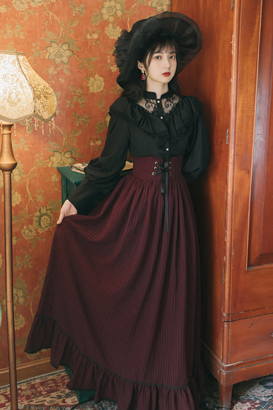 Black Red Long Sleeves High Waist Print Lace Gothic Vintage Lolita Dress Set