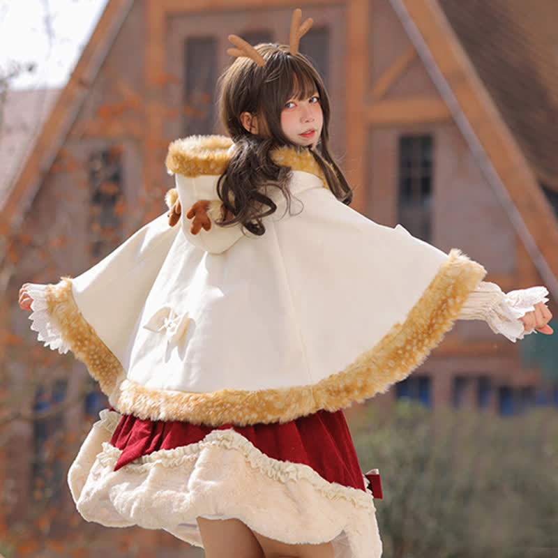 Cartoon Antler Plush Hooded Cloak Lolita Coat