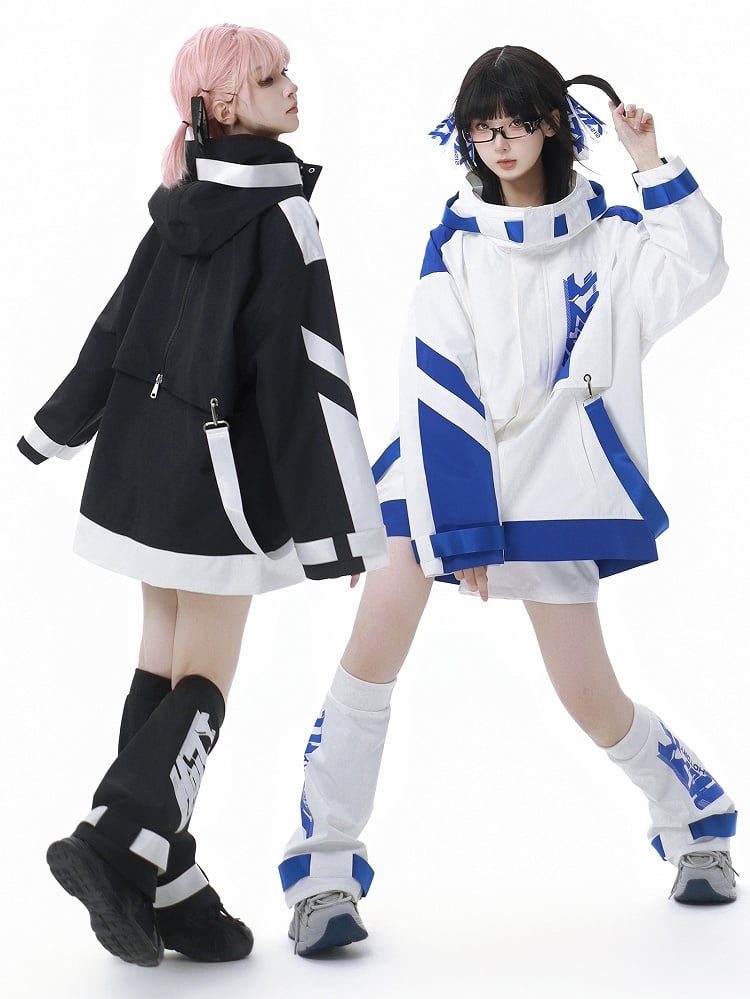 Blue and White Jirai Kei Techwear Straps Hooded Windbreaker Jacket