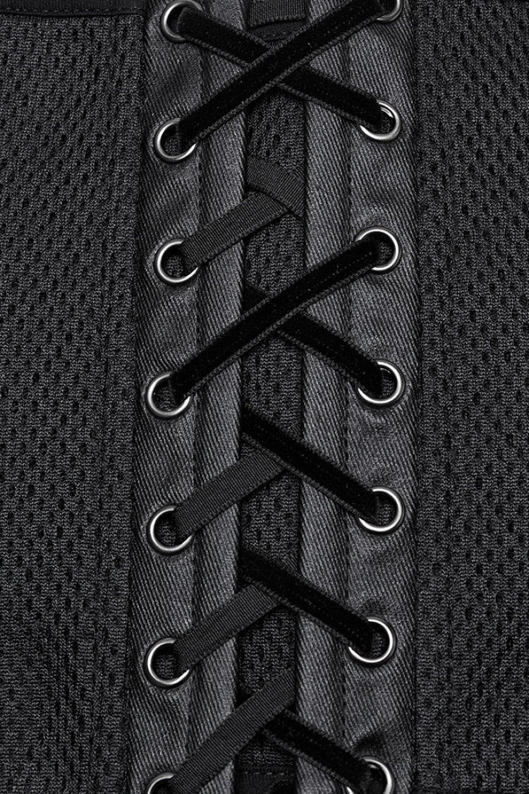 Lace-Up Mesh Punk Underbust Corset in Black Faux Leather for Women