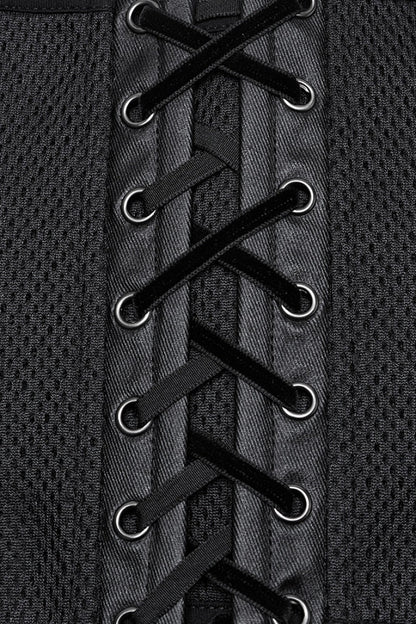 Lace-Up Mesh Punk Underbust Corset in Black Faux Leather for Women