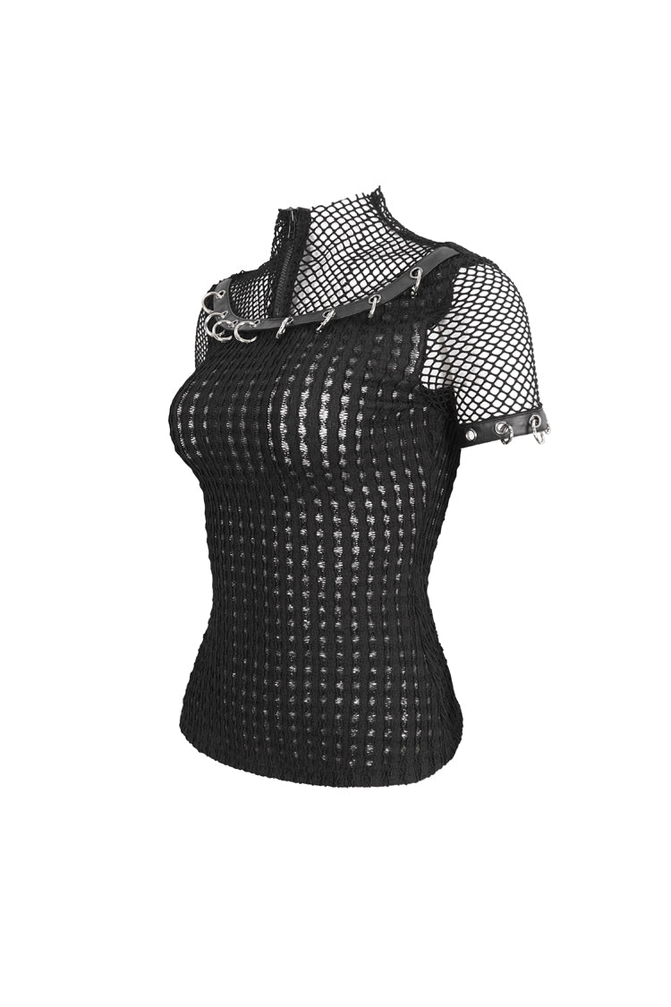 Punk Short-Sleeve Top with Mesh and Ring Embellishments