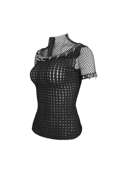 Punk Short-Sleeve Top with Mesh and Ring Embellishments