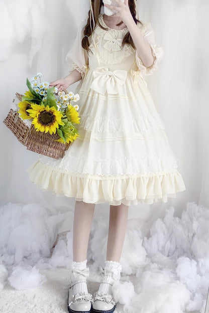 Beige Lace Angel Short-Sleeved Bow-Trim Ruffled Sweet Lolita Dress