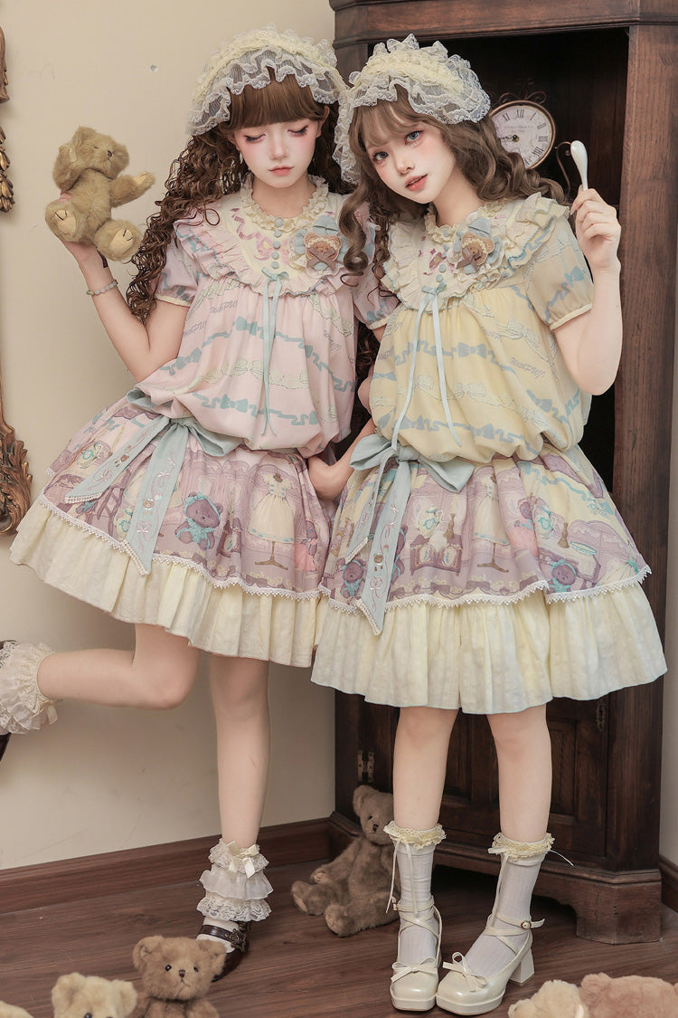 Sunny Short-Sleeve Bear Printed Ruffled Bow Dress Ensemble