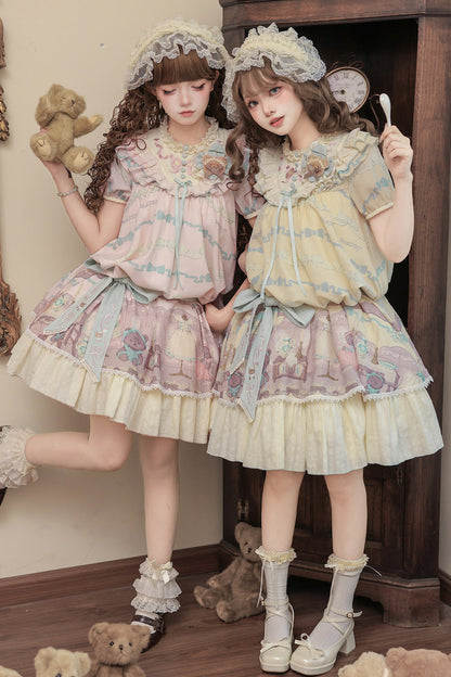 Sunny Short-Sleeve Bear Printed Ruffled Bow Dress Ensemble
