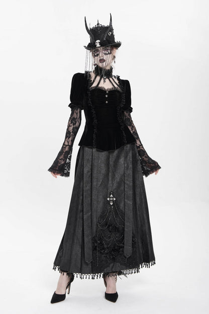 Faux Two-Piece Velvet Blouse with Eyelet and Pleats