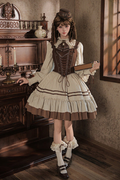 At Sunset Round-Collar Lantern-Sleeved Double-Layered Printed Ruffled Classic Lolita Dress in Beige and Brown, 2 Versions