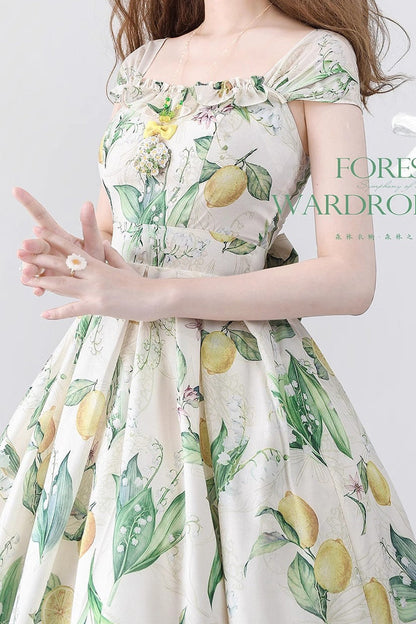 Forest Basket Lemon Print Bow Chiffon Elegant Sweet Lolita JSK in Yellow Green