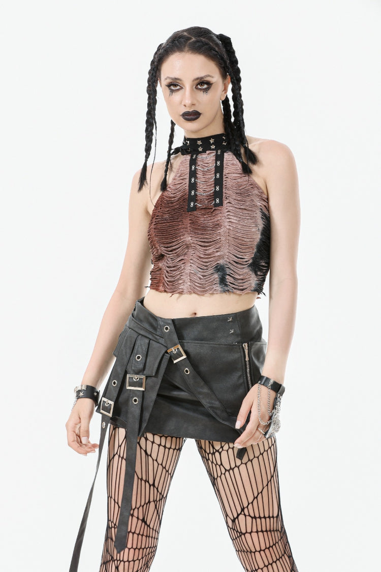 Punk Women's Short Skirt with Faux Leather Straps and Zippered Detail