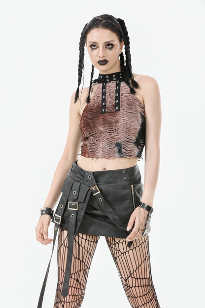 Punk Women's Short Skirt with Faux Leather Straps and Zippered Detail