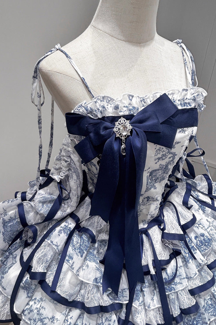 Blue White Sleeveless Multi-Layered Print Bowknot Fishbone Sweet Classic Chinese Style Lolita Jsk Short Dress