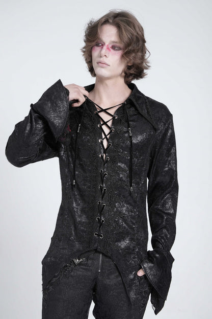 Men's Swallowtail Blouse with Lace-Up and Flared Sleeves