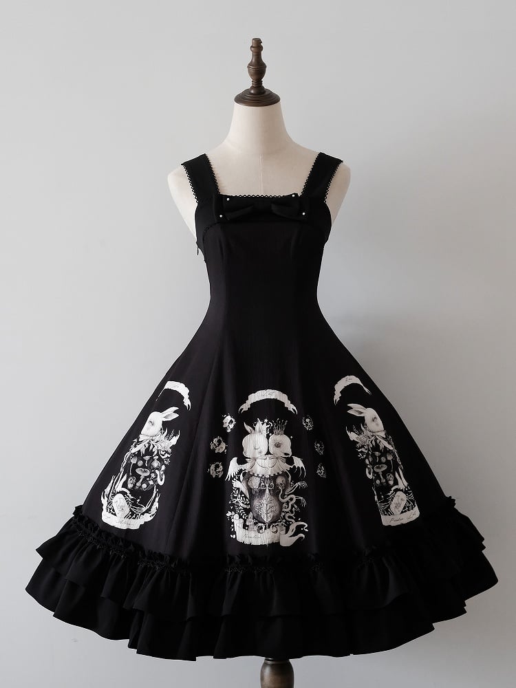 Bunny Print Black Dark Gothic Lolita Slim Fit Waist Dress