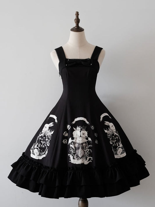 Bunny Print Black Dark Gothic Lolita Slim Fit Waist Dress