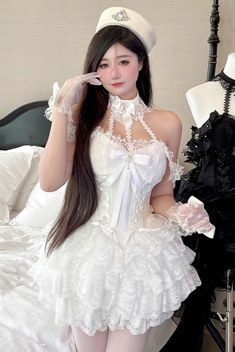 Ivory Ruffle Bow Lace Mini Lolita Skirt Dress