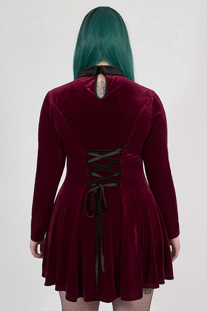 Crimson Velvet Chest Cutout Back Lace-Up Long Sleeve Plus-Size Goth Gown