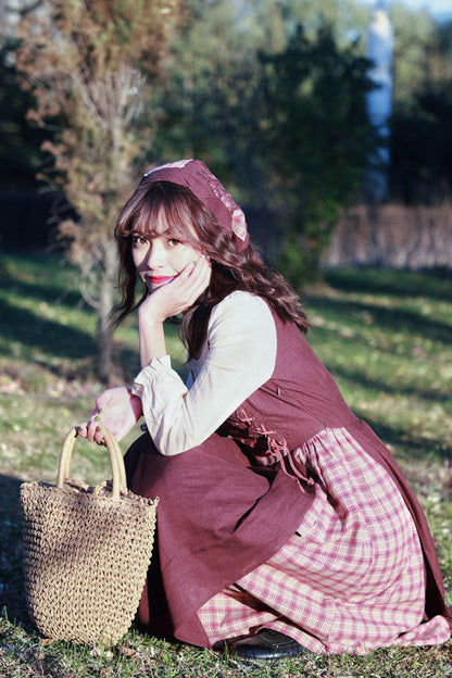 Brown French Retro Sweet Lolita OP Dress with Plaid and Crinkle Details