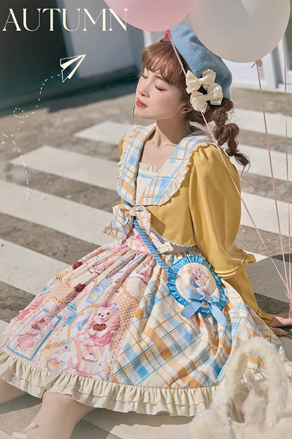 Cat Holiday Print Ruffle Bow Two-Piece Illusion Sweet Lolita Gown in Yellow Pink