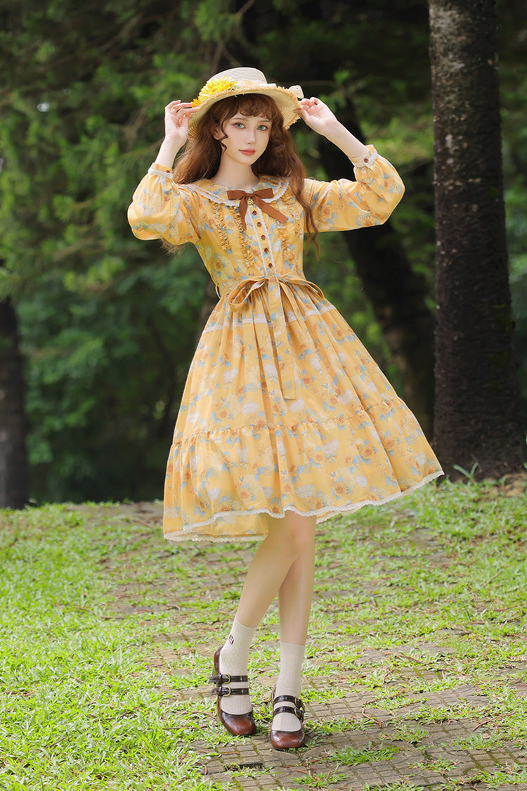 Golden Long-Sleeve Ruffled Bow Sunflower Elegant Dress