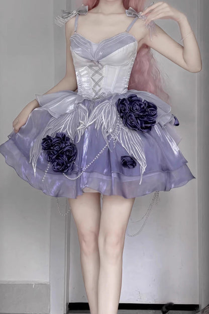Misty Purple Sweet Ballet Lolita Swan Wonderland Embroidery Lace-Up Mini JSK Dress