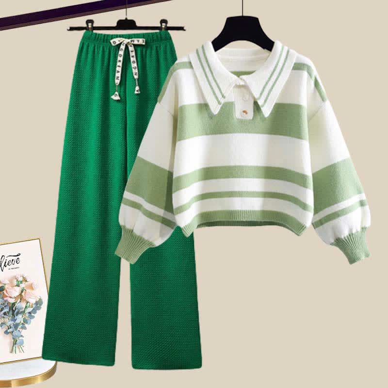 Green Stripe Colorblock Sweater Casual Pants Set