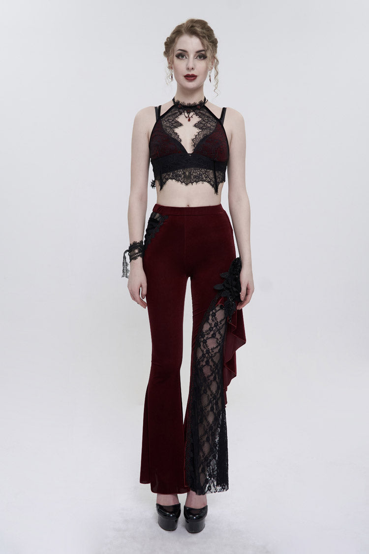 Velvet Single Side Stitching Rose Net Side Rope Flare Gothic Pants