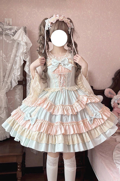 Blue Pink Candy Sleeveless Multi-Layered Ruffle Bowknot Lace-Up Sweet Lolita Tiered Dress