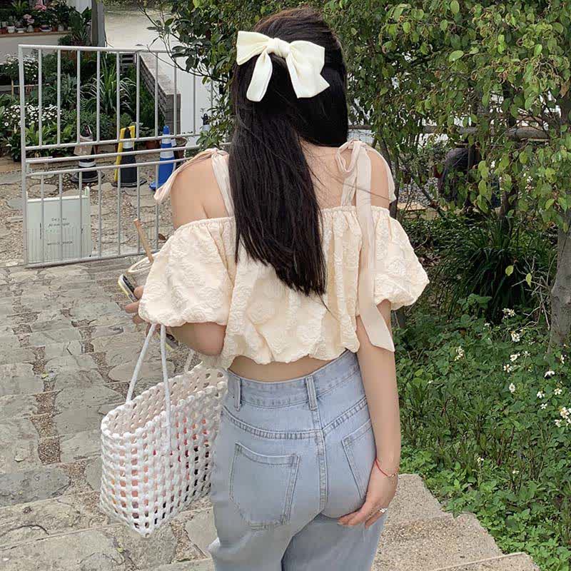 Lace Puff Crop Denim Pants T-Shirt Shoulder Up Skirt