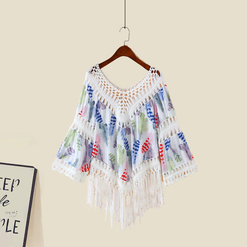 Sweet Boho Print Fringed Hollow Out Shirt Pleated Skirt Slip Dress