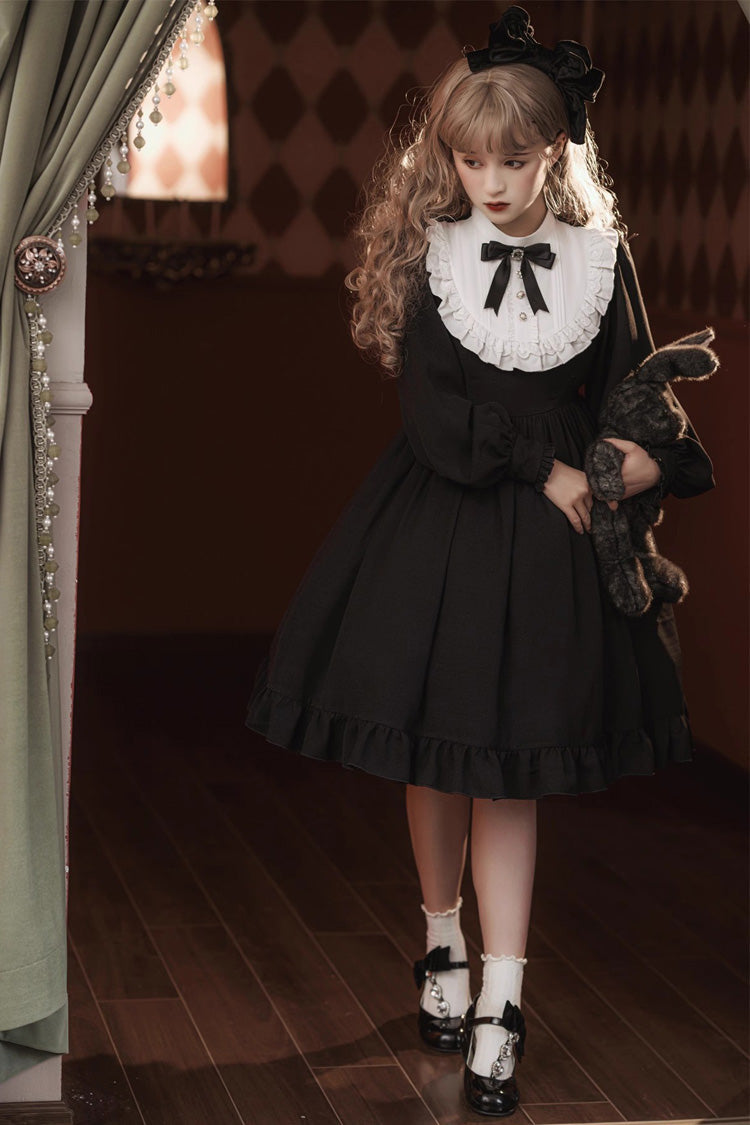 Classic Gothic Elegant Nun Dress with Long Sleeves and Ruffled Bow