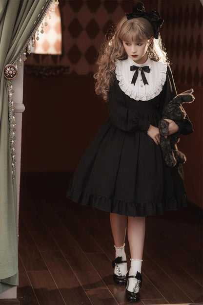 Classic Gothic Elegant Nun Dress with Long Sleeves and Ruffled Bow