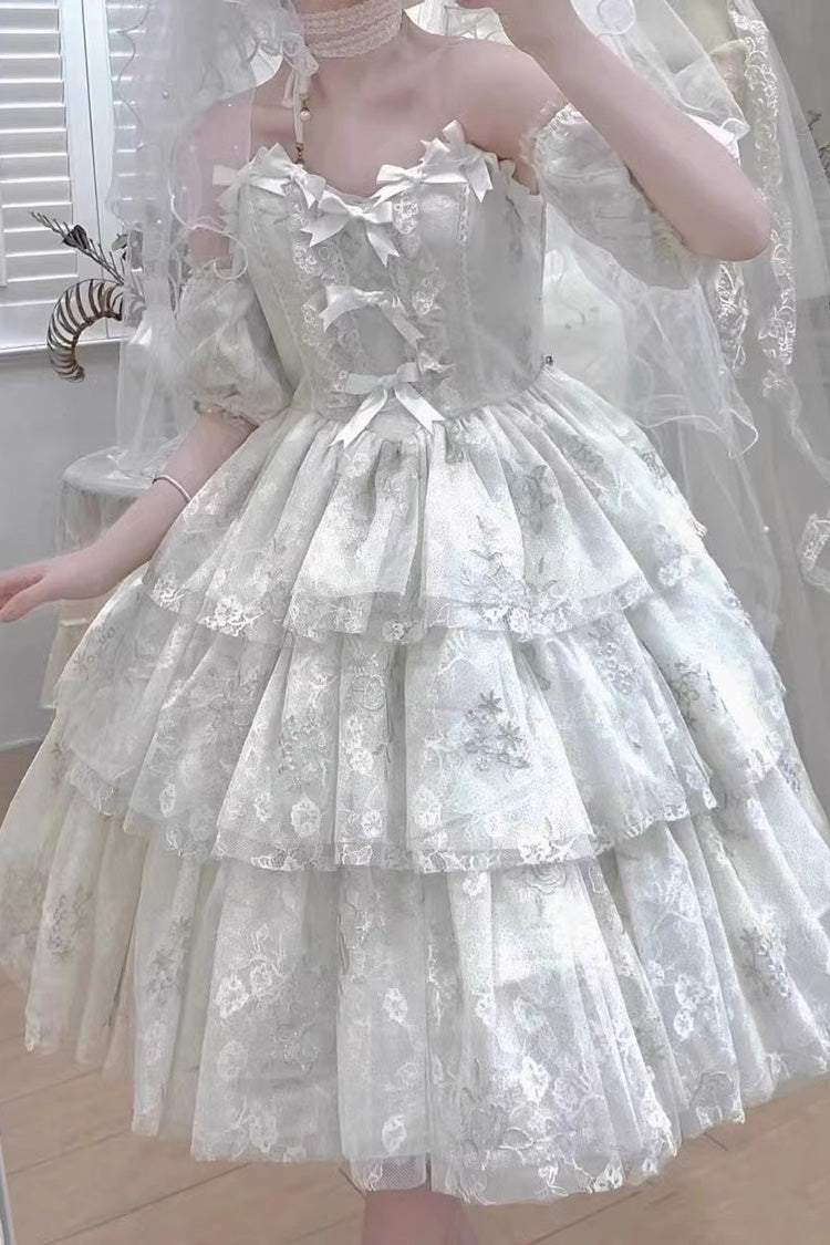 White Short-Sleeved Multi-Layer Printed Hanayome Bow-Trim Sweet Princess Lolita Strapless Dress