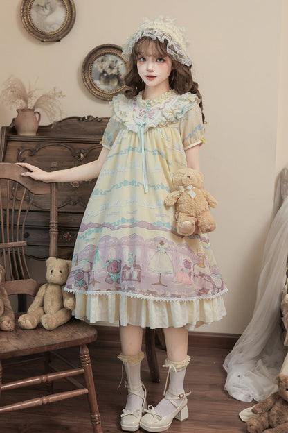 Sunny Short-Sleeve Bear Printed Ruffled Bow Dress Ensemble