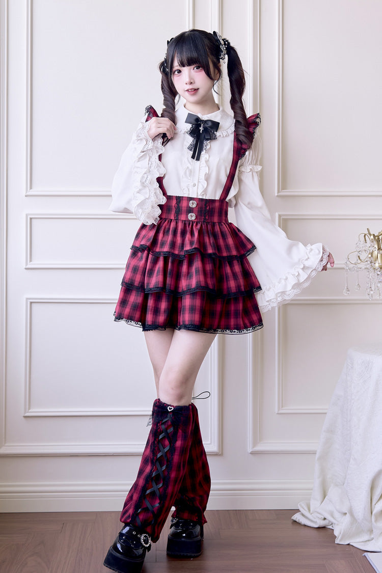 Crimson Three-Tier Tartan Ruffle Goth Jirai Kei Strap Dress
