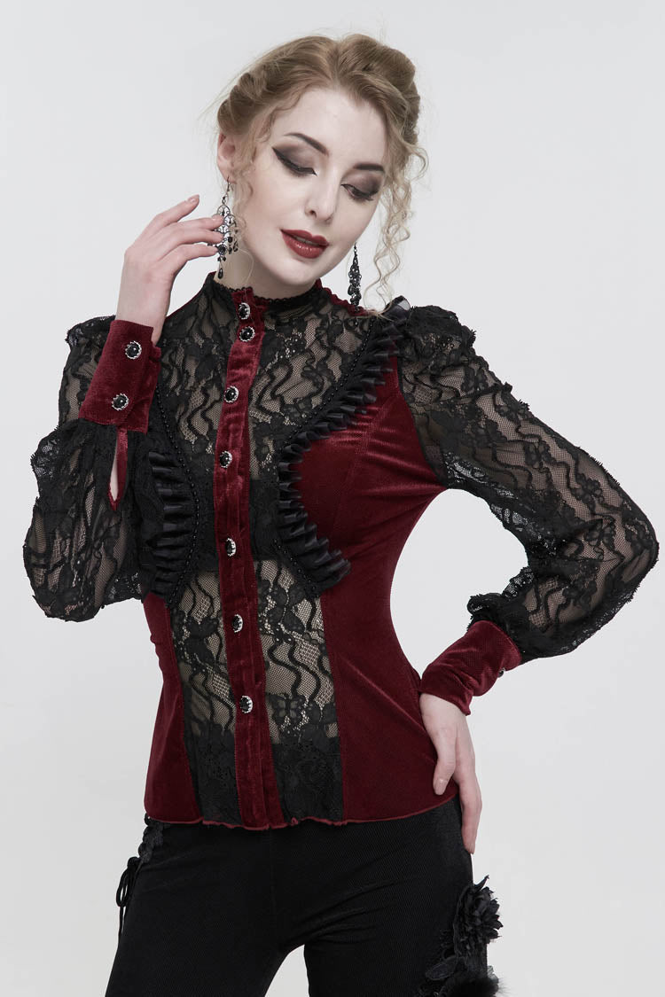 Velvet High Neck Lace Fake Bra Design Butterfly Mesh Gothic Shirt