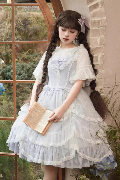 Blue Jacquard Bowknot Jsk Dress - Sweet Elegant Lolita Style