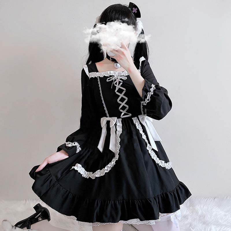 Robe de demoiselle d'honneur noire à lacets et nœud papillon Lolita