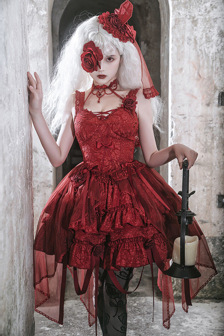 Weeping Rose Double-Layer Ruffle Embroidered Bow Lace Gothic Ballet Set