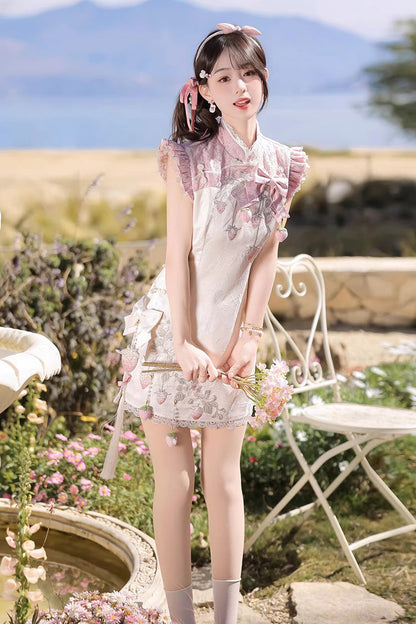 Lace Color-Blocked Chinese Style Sweet Dress - White/Pink Spring Strawberry