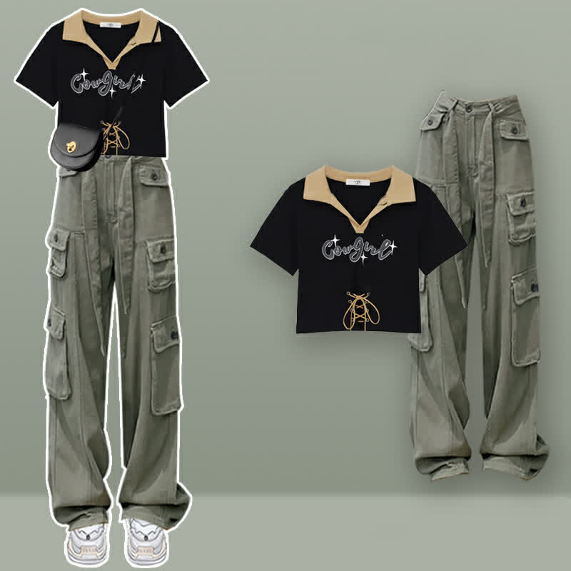 Set Pants Cargo Letter T-Shirt Print Top Crop