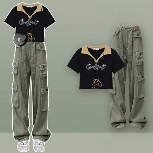Set Pants Cargo Letter T-Shirt Print Top Crop