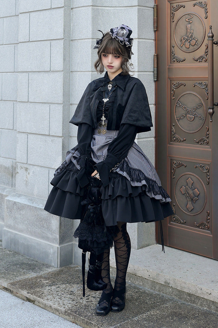 Black Point Manor Multi-Striped Print Ruffled Bow Hem Gothic Lolita Skirt