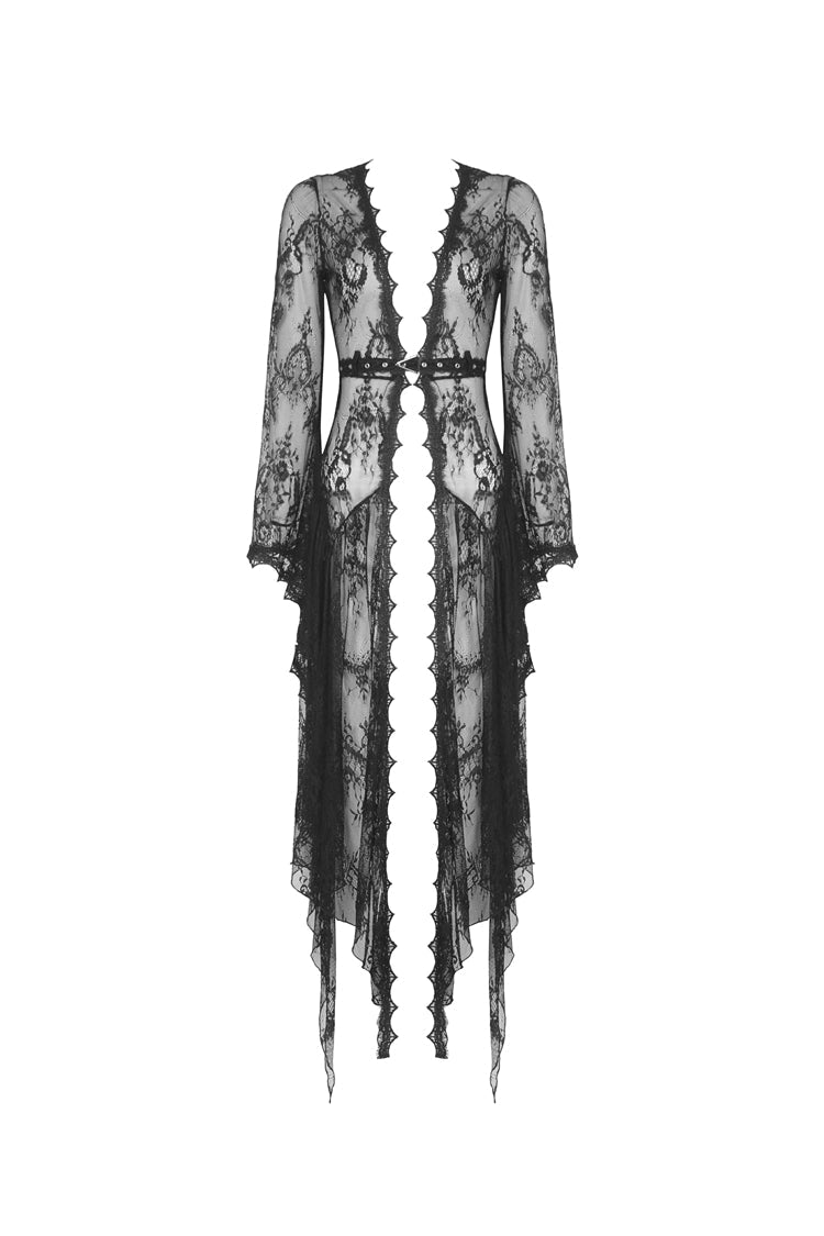 Maxi Cloak with Floral Lace and Belted Waist - Dark